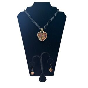 Chicos Rope Chain Necklace With Resin Confetti Heart Pendant With Dangle Earring